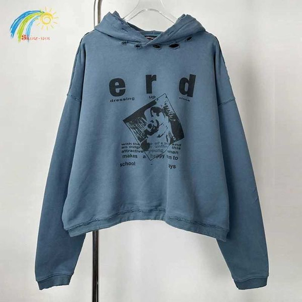 Men's Hoodies Sweatshirts Classic Letter Graphics Print ERD Pullover Men Women Wide Short Vintage Washed Blue Damaged Enfants Riches De