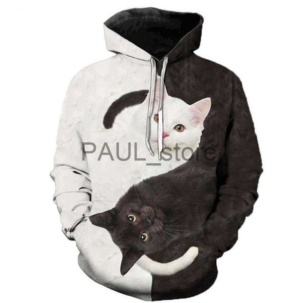 Men's Hoodies Sweatshirts Hot Fashion Black and White Cat 3D Hoodie Sweatshirts Pullover Men Women Casual Streetwear Casual Black Plus