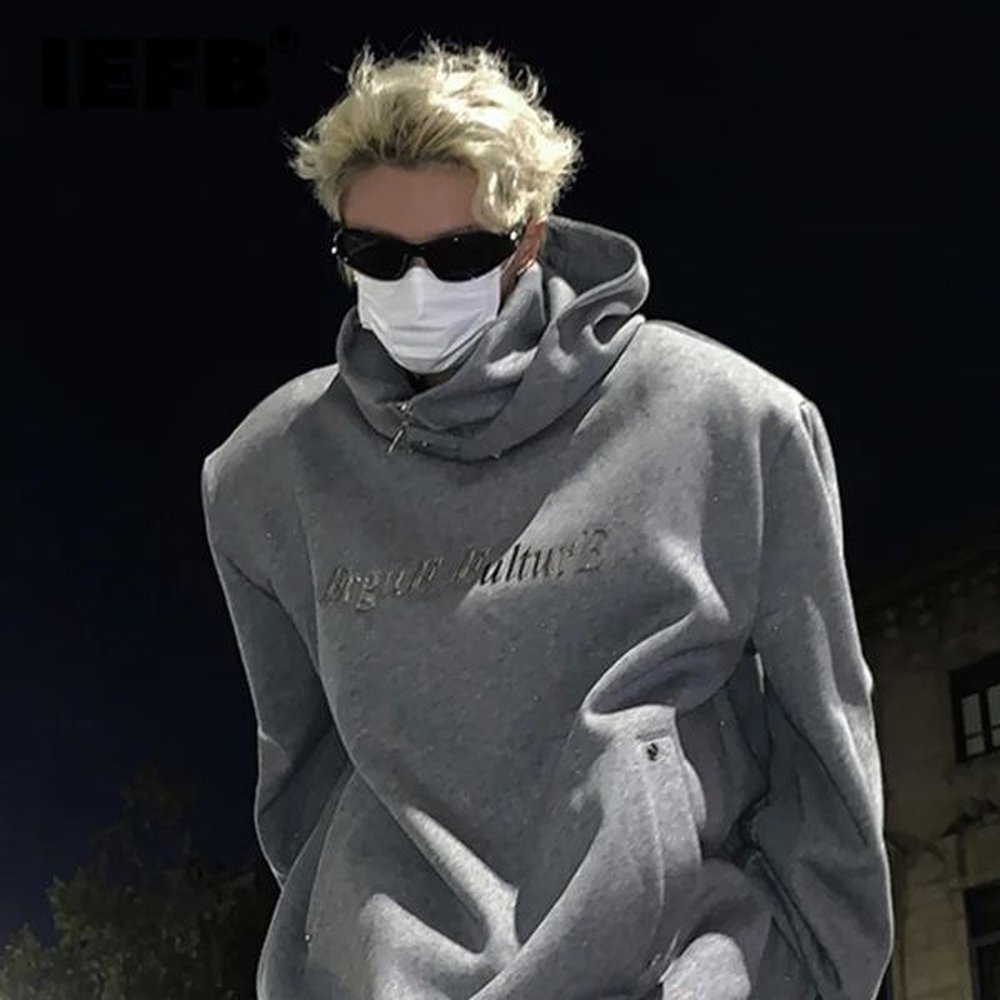 Men's Hoodies Sweatshirts IEFB Fashion Casual Mens Hoodies Sequin Metal Shoulder Pads High Neck Pullover Top Autumn Winter Solid Color