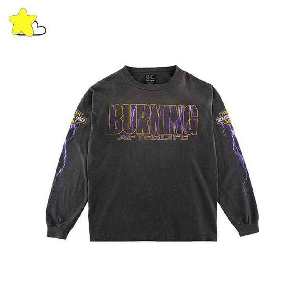 Men's Hoodies Sweatshirts Lightning Print Sleeved T-Shirt Men Women Vintage Washed Gray Shirt Top H241230