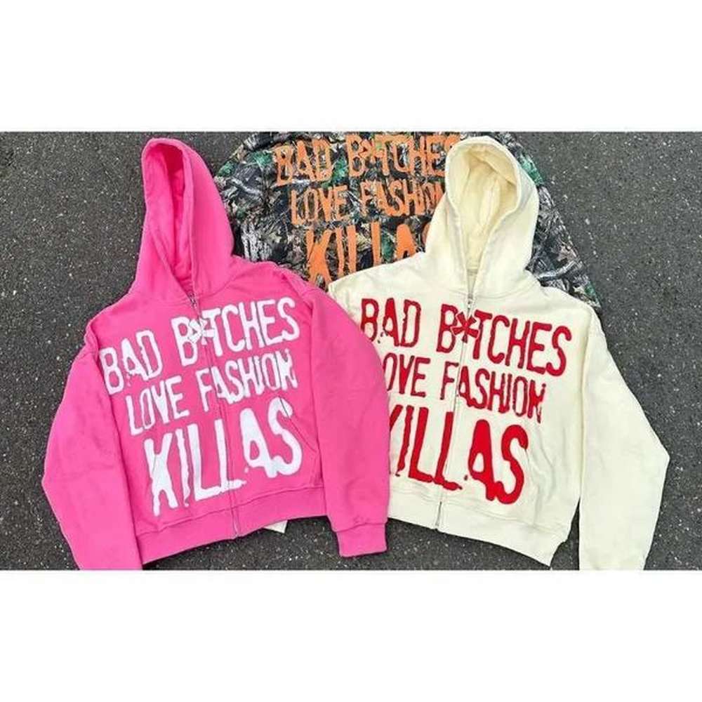 Men's Hoodies Sweatshirts Rose red letter printed cardigan sweatshirt 2024 hip-hop new street zipper hoodie couple american washed tren