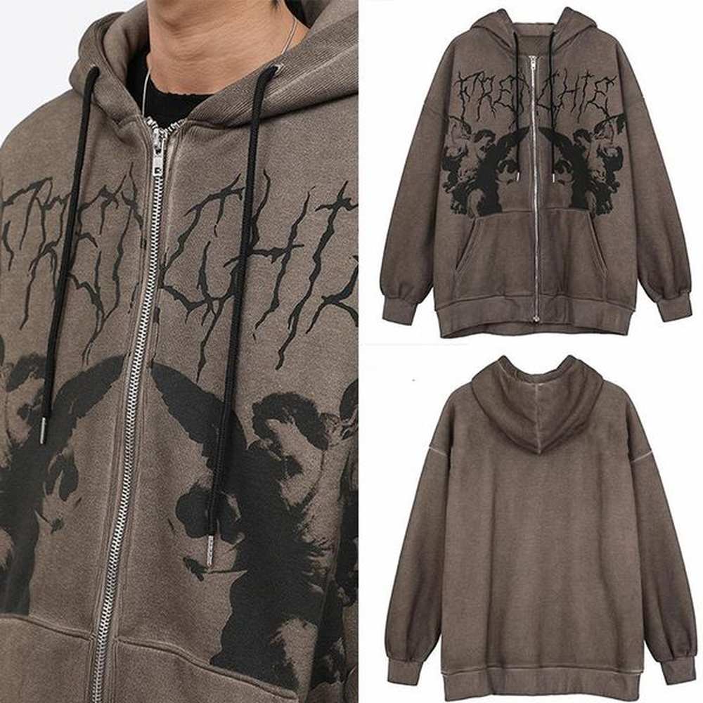 Men's Hoodies & Sweatshirts Women Angel Fairy Grunge Dark Print Brown Loose Zipper Y2k Punk Jacket Hip-hop Harajuku Oversized Streetwea