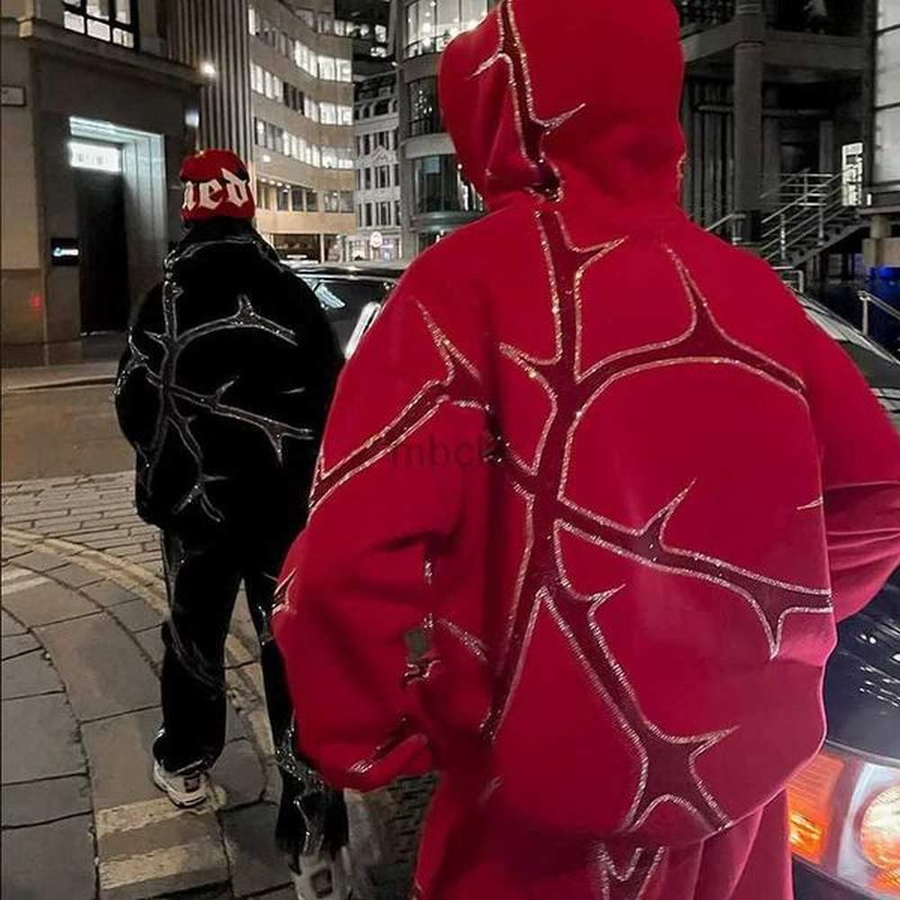 Mens Hoodies Y2K Rhinestone Lightning Print Zip Up Oversized Sweatshirt Autumn Goth Hoodie Women Grunge Hooded Jacket Streetwear Y2K Clothin