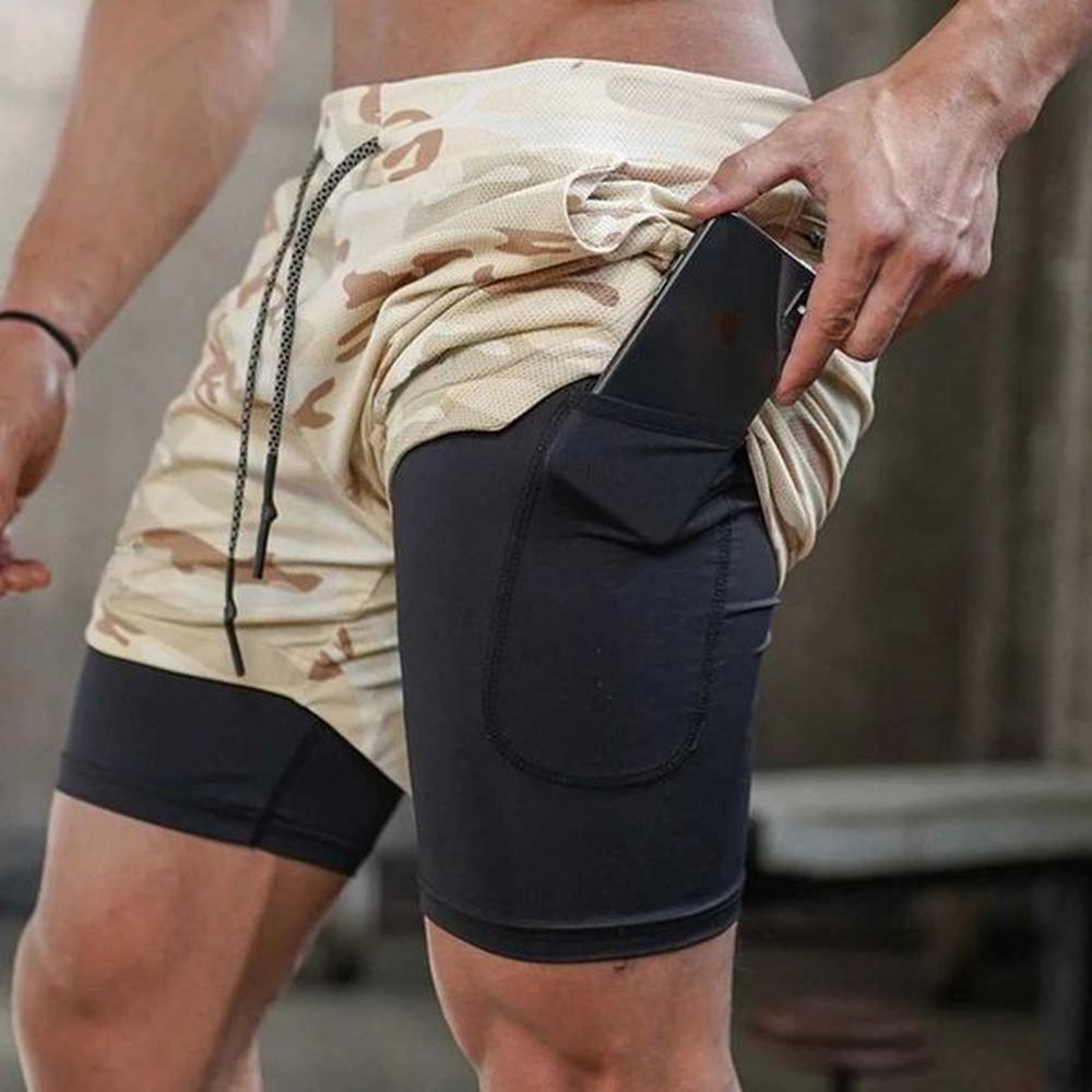 Mens 2 in 1 Running Shorts Male Camo Workout Shorts Training Yoga Gym Sportswear Pants Sport Short Pants with Phone PocketsX241104