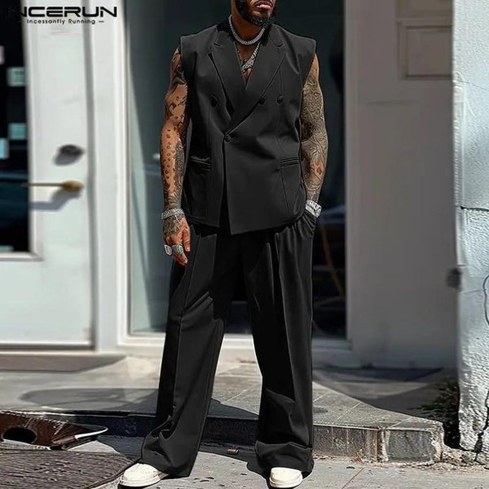 Mens INCERUN American Style Solid Color Sleeveless Sets Casual Insert Pocket Two-piece Suits Street Fashion Oversize 250106