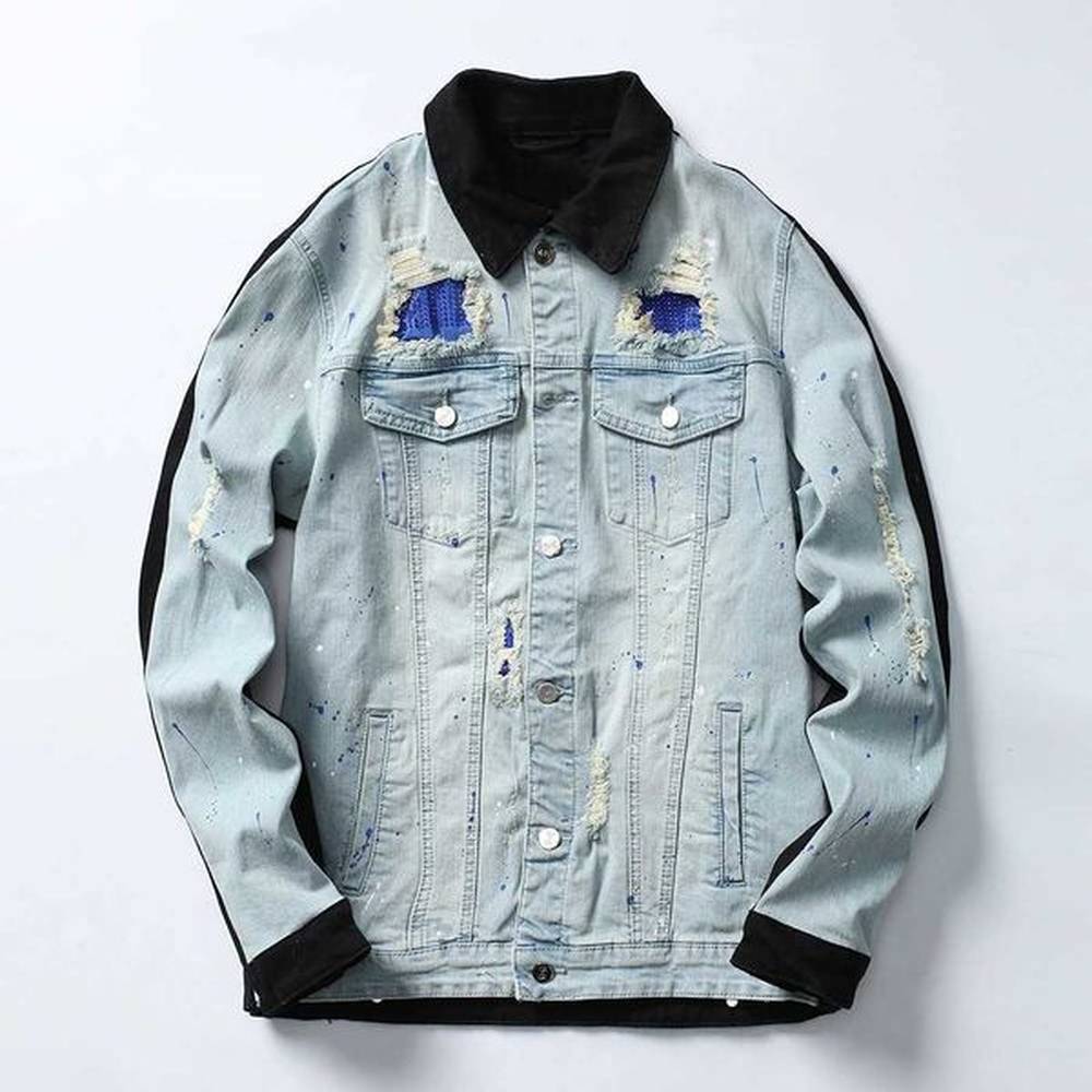 Men's Jackets American High Street Two Tone Mens Jeans Jackets Ripped Diamond Patched Spray Painting Denim Coats For Mans Outwear H2412