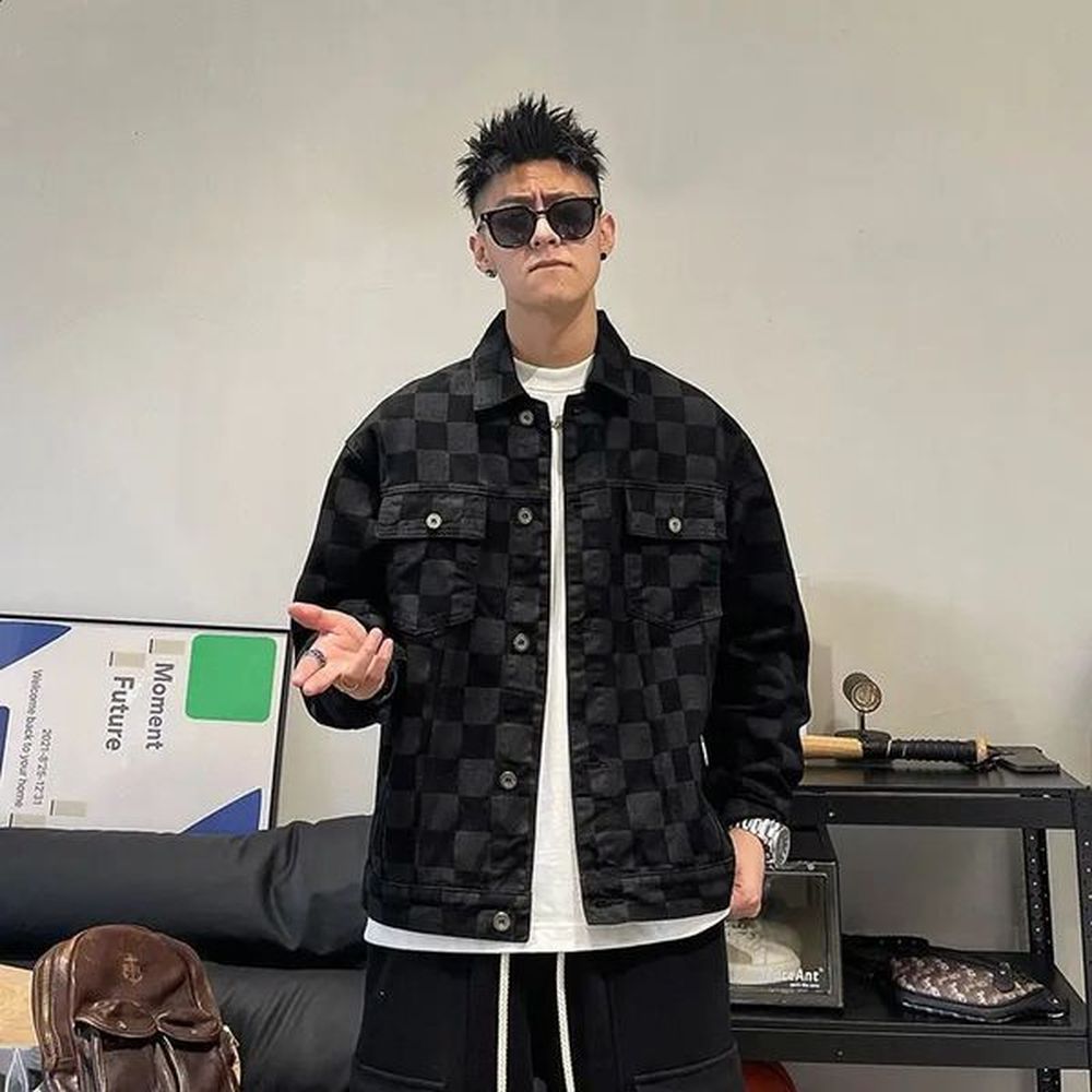 Men's Jackets Male Jean Coats Outwear Black Wide Shoulders Mens Denim Jacket Plaid Overcoat Vintage Worn Casual Winter Outerwear High Q