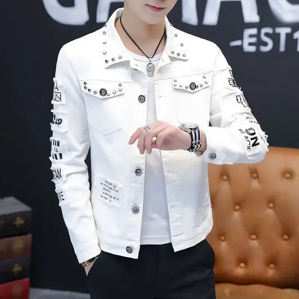 Men's Jackets Mens denim jacket with short rivets casual ultrathin white mens Jean Coats Korea Lxury washed in bric Rock Joker at lowes