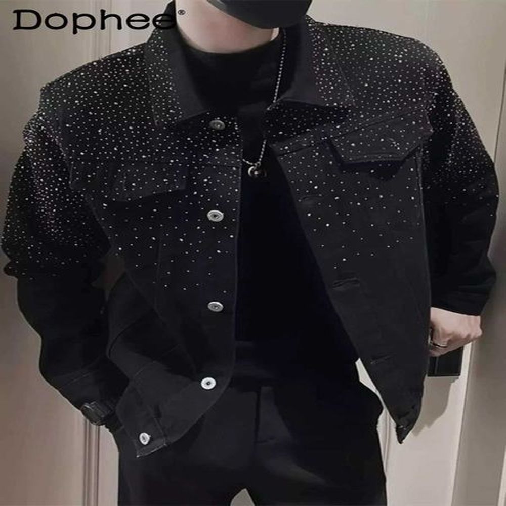 Men's Jackets Mens Fashion Rhinestone Denim Jackets Mens 2024 Trendy Jacket Handsome Lapels Long Sleeve Denim Jacket Mens Clothes H2412