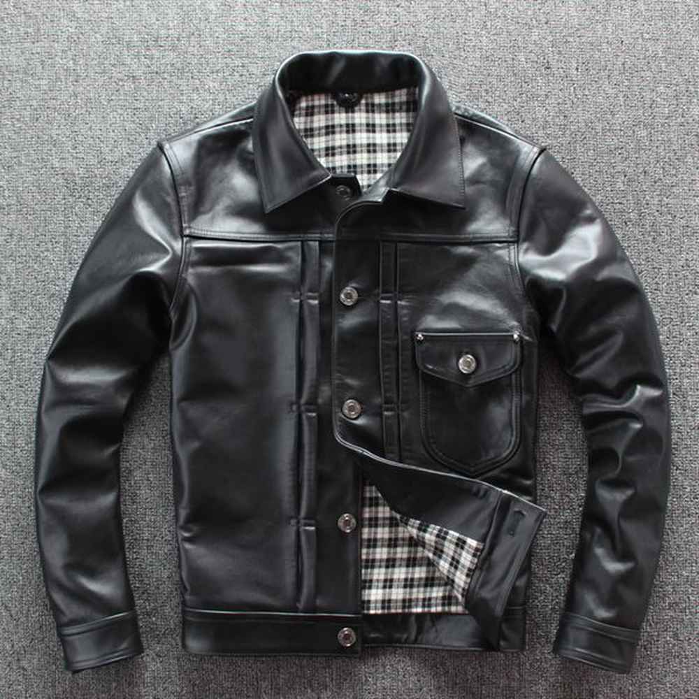 2019 men's japanese vintage style calf skin leather jacket slim short real leather coat men single breasted denim shirt design