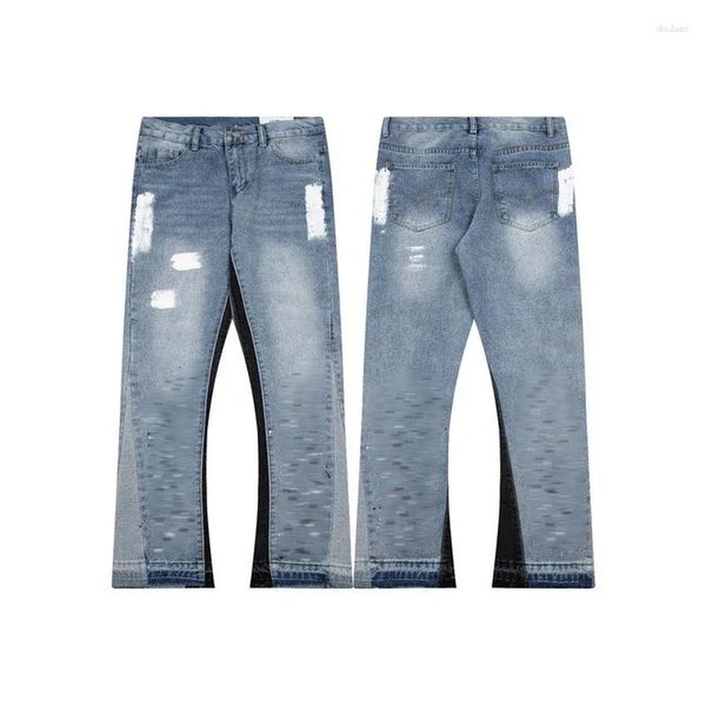 Men's Jeans American Retro Washed Letter Spliced Denim Trousers High Street Trendy Brand Couple Loose Straight Micro-flared Long