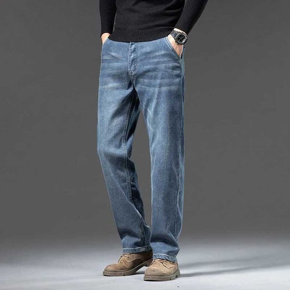 Men's Jeans Autumn and Winter Lyocell Jeans Mens Loose Straight Business Pants High Waist Retro Spring and Fall Thick Section Retro Blu