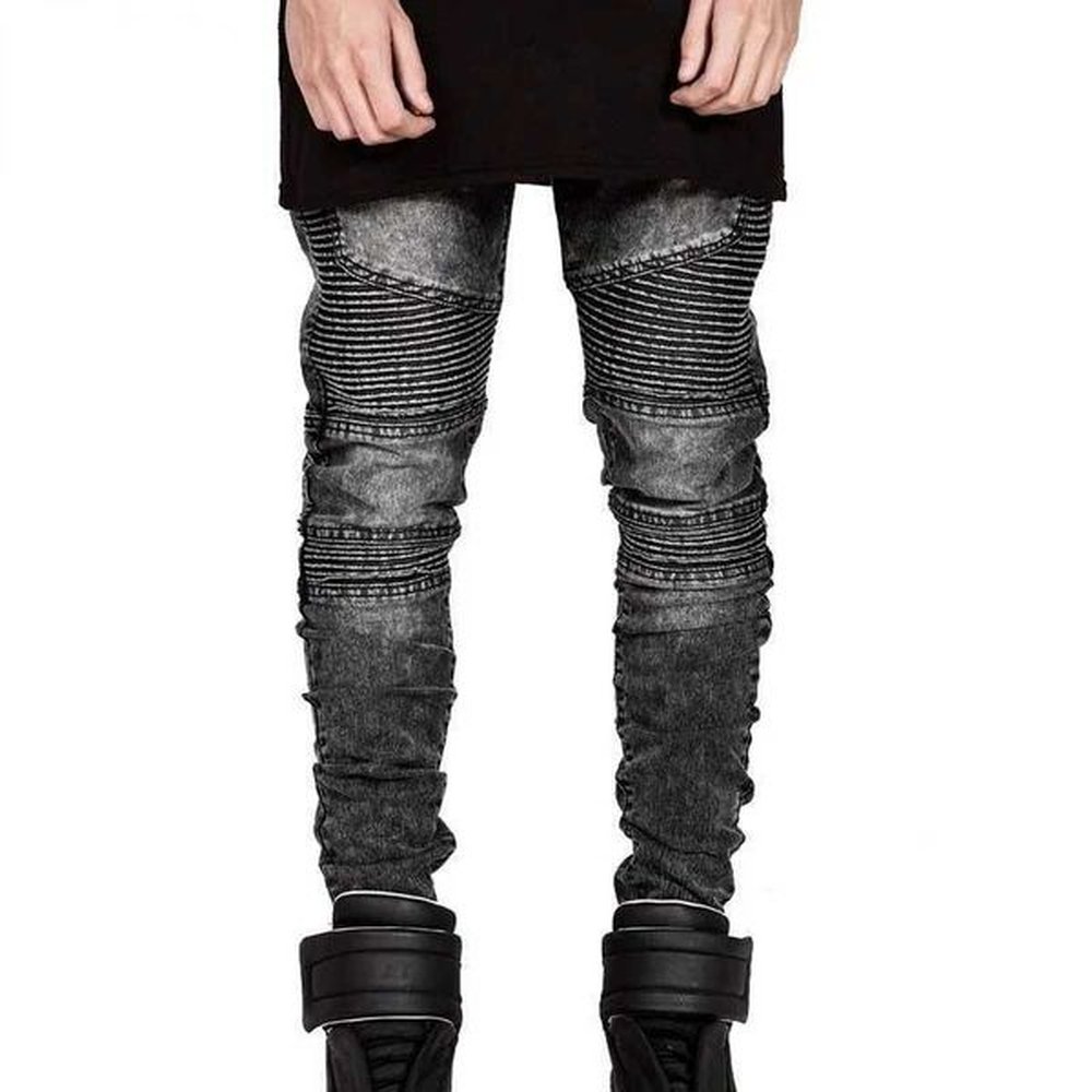 Men's Jeans Autumn Streetwear Men Slim Biker Jeans Fashion Folds Motorcycle Skinny Jogger Male Hip Hop Skateboard Denim Trousers H24120