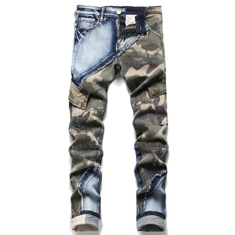 Mens Jeans Autumn Winter Trend Stretch Camouflage Stitching Slim Mid Waist Motorcycle Fashion Street PantsMens