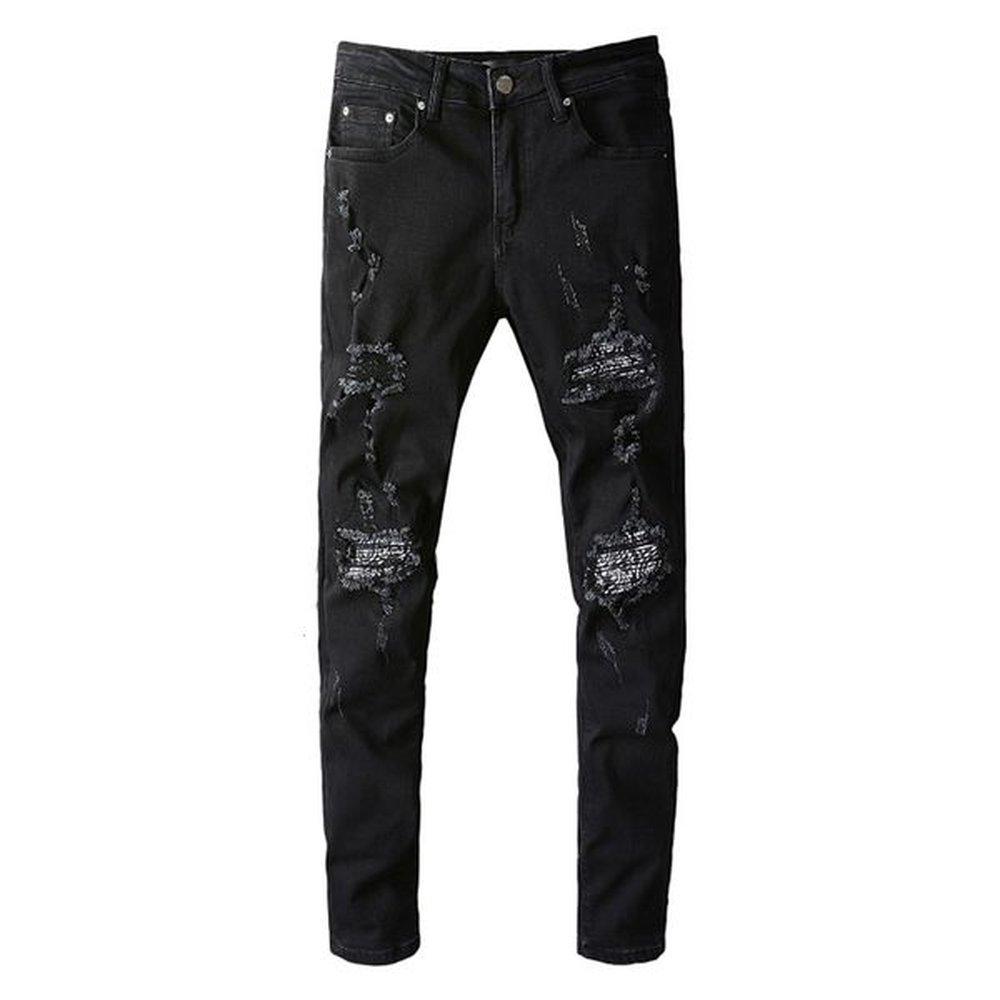 Men's Jeans Bandanna Paisley Patchwork Ripped Streetwear Slim Skinny Stretch Denim Pants High Quality 230216