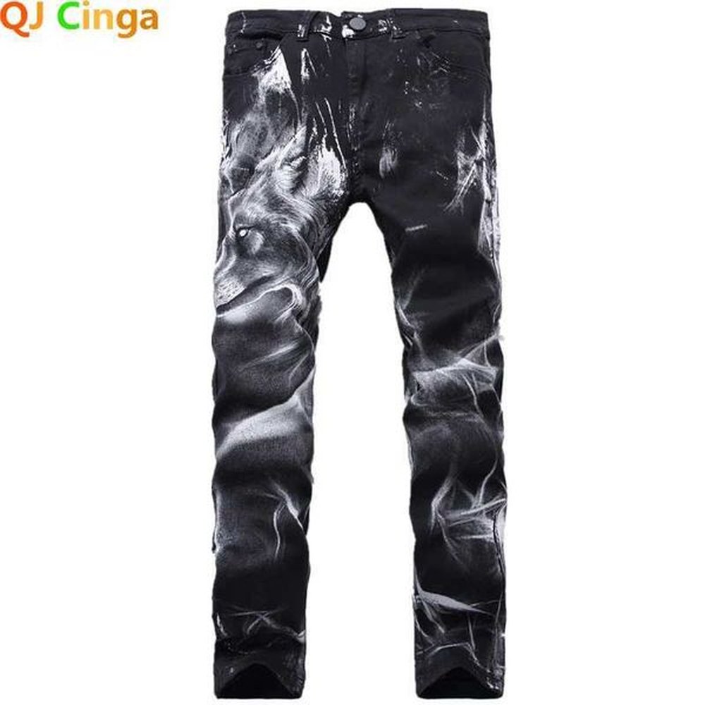 Men's Jeans Blue Men 3D Printing Jeans Denim Black Wolf Pattern Printed Punk Straight Cotton Casual Print Denim Pants Asian Size 28-42