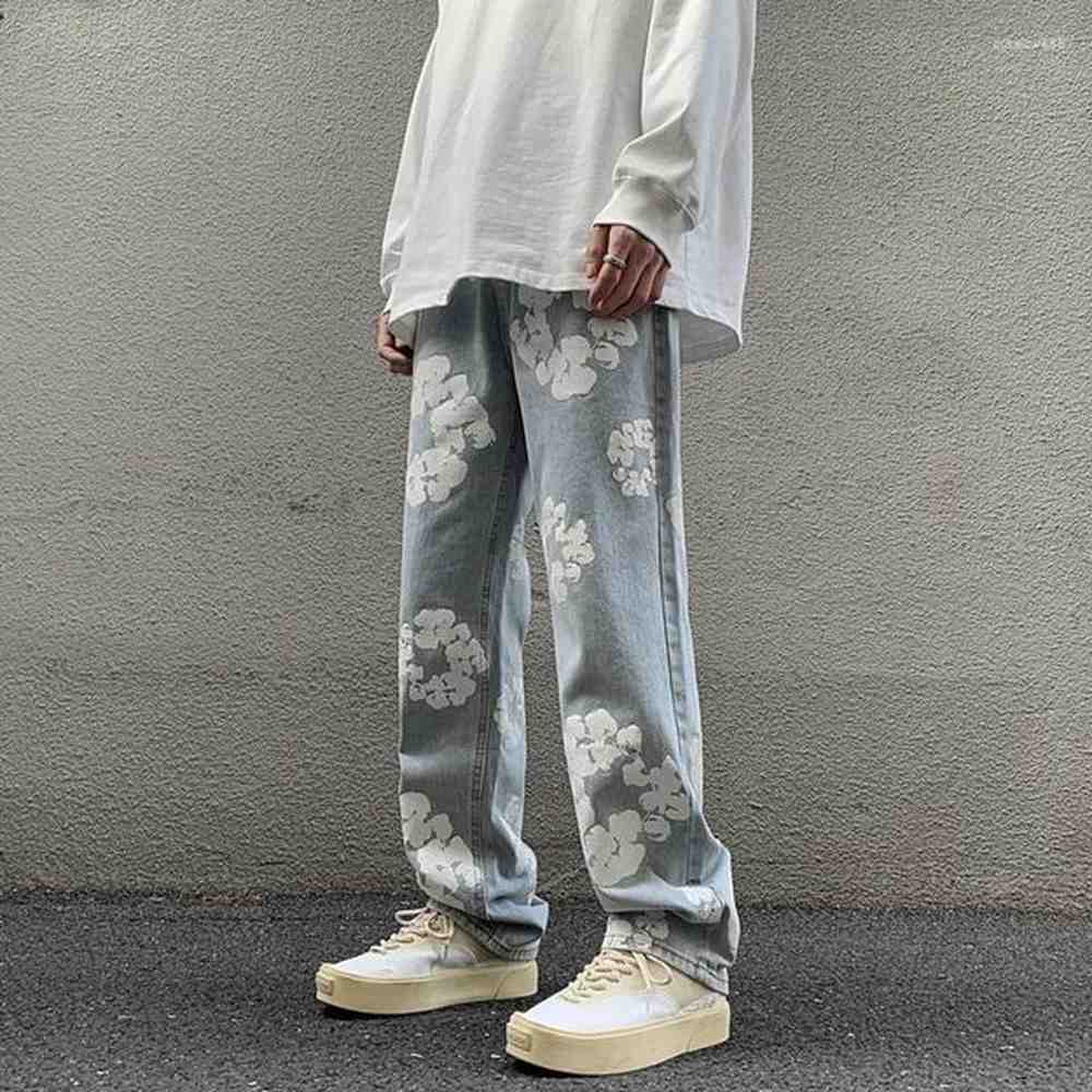 Men's Jeans Blue wer Men Fashion Casual Print Baggy Streetwear Hip-hop Loose Straight Denim Pants Mens Trousers M-3XL
