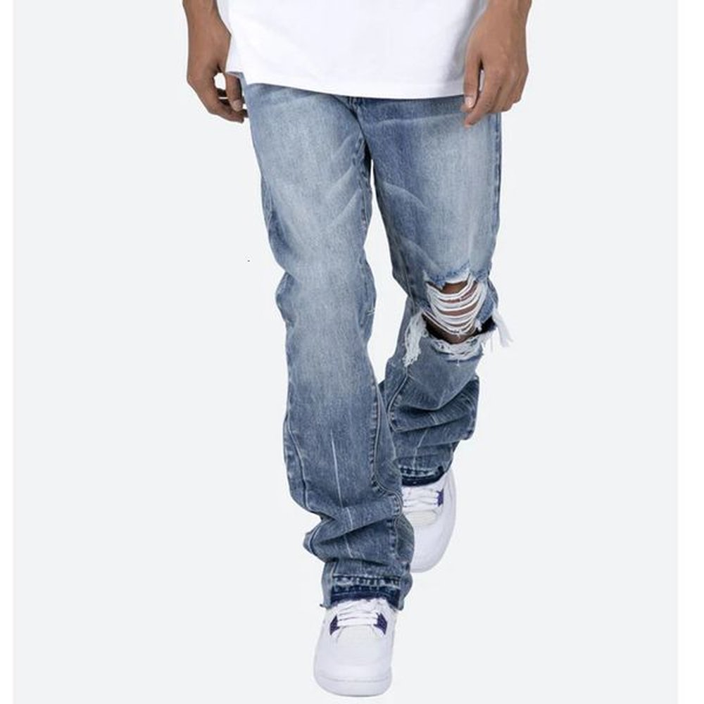 Mens Jeans Contrast Color Hole Washed Blue for Men Streetwear Loose Ripped Flare Pants Frayed Retro Casual Oversized Denim Trousers 230420