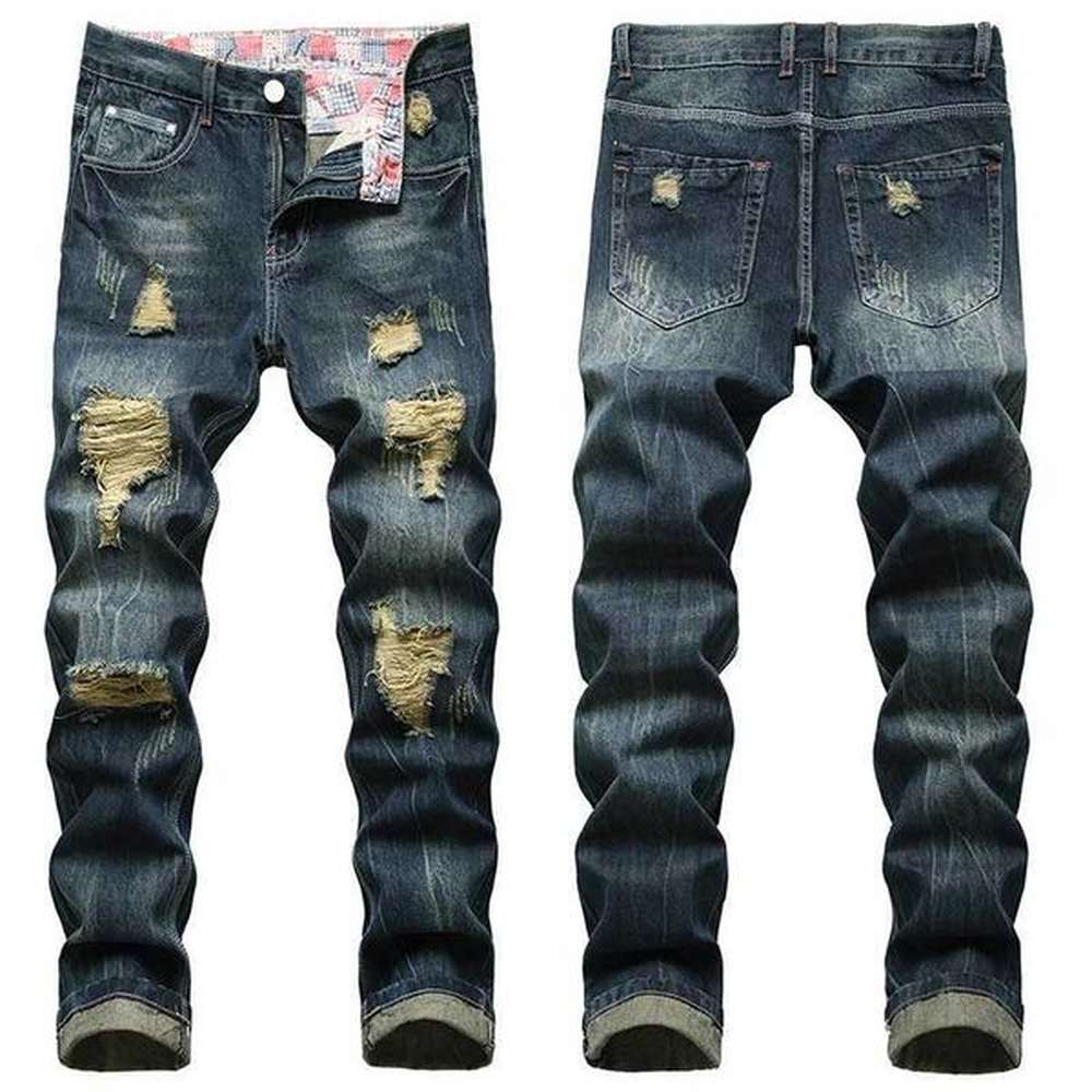 Men's Jeans Cowboy casual torn mens fashion long plus size 28-42 jeans hole torn cotton deep blue dress H25106