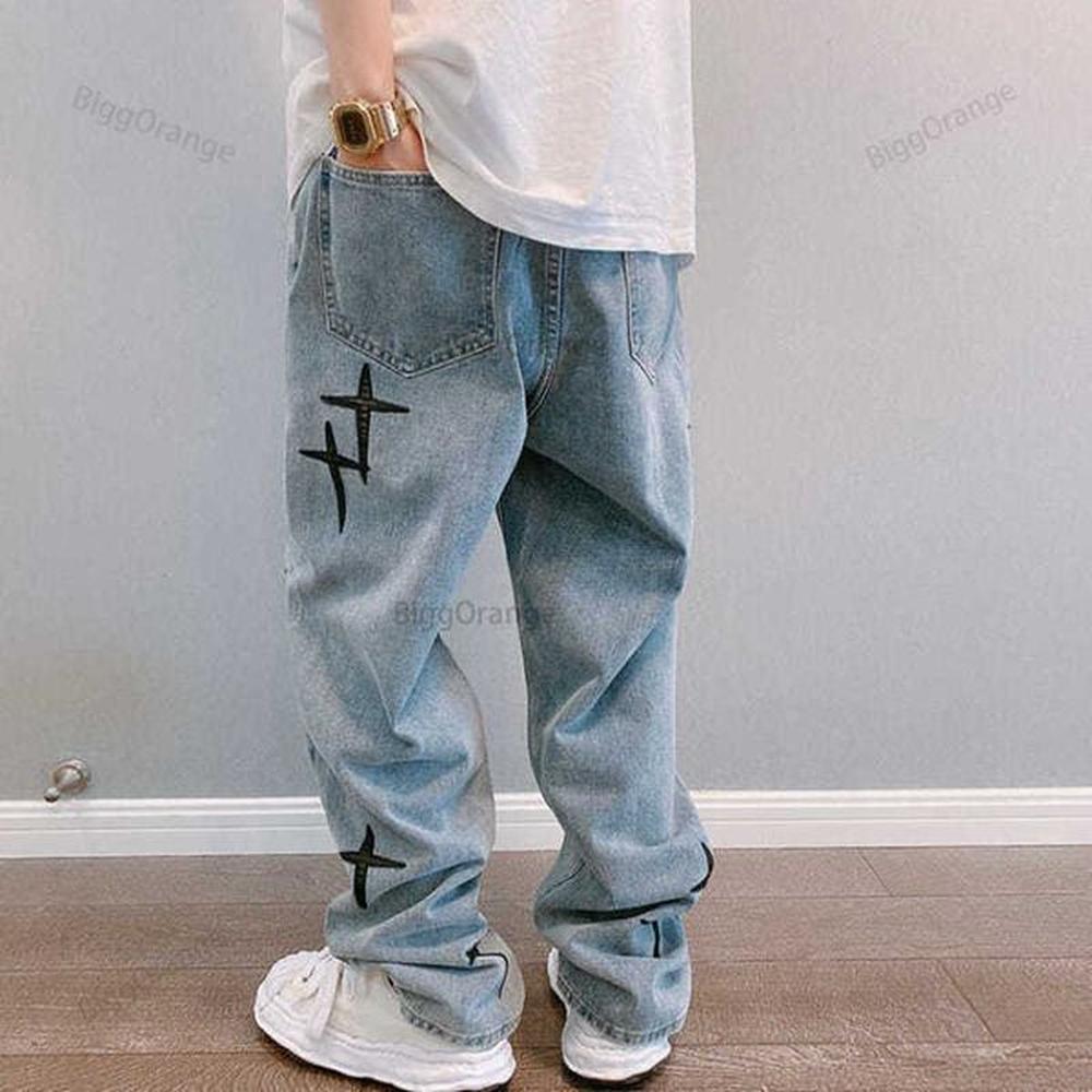 Men's Jeans Cross star embroidery jeans men four seasons street trend patch retro blue loose straight wide leg trousers men baggy jeans