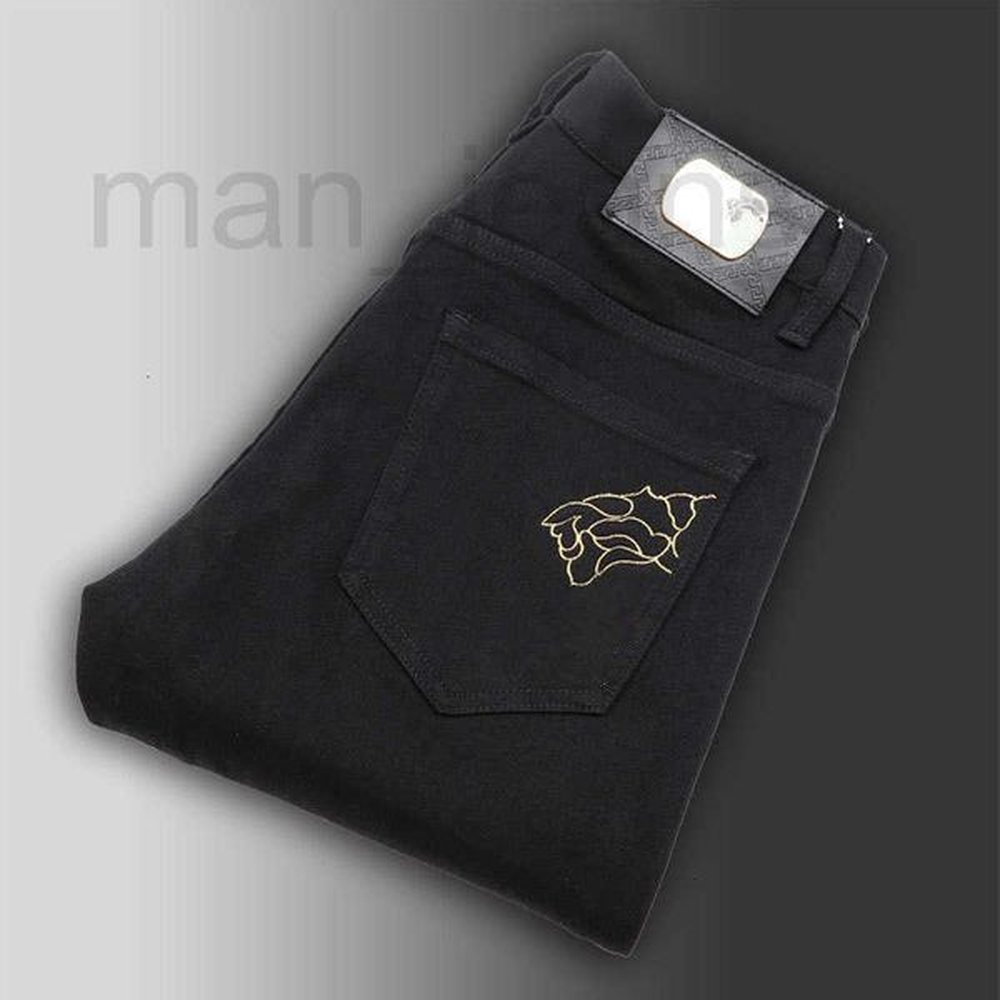 Men's Jeans Designer Black men's slim fit Lyocell high-end fabric beauty head embroidered elastic thick small straight leg jeans P