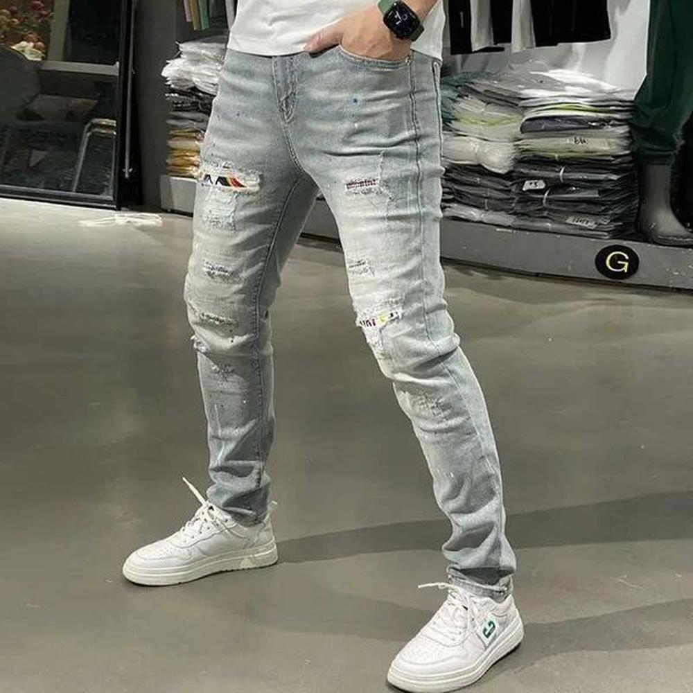 Men's Jeans Designer Boyfriend Jeans for Men Vintage Patched Ripped Holes 90s Trendy Style Skinny Blue Distressed Washed Denim Pants Ma