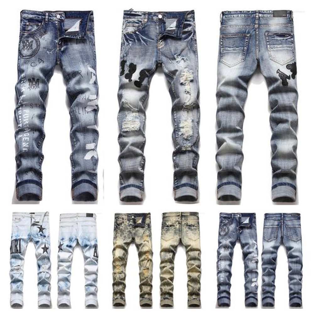 Men's Jeans European American Letter Star Jean High Quality Embroidery Patchwork Ripped Trend Brand Motorcycle Pant Mens Skinny Jeans z