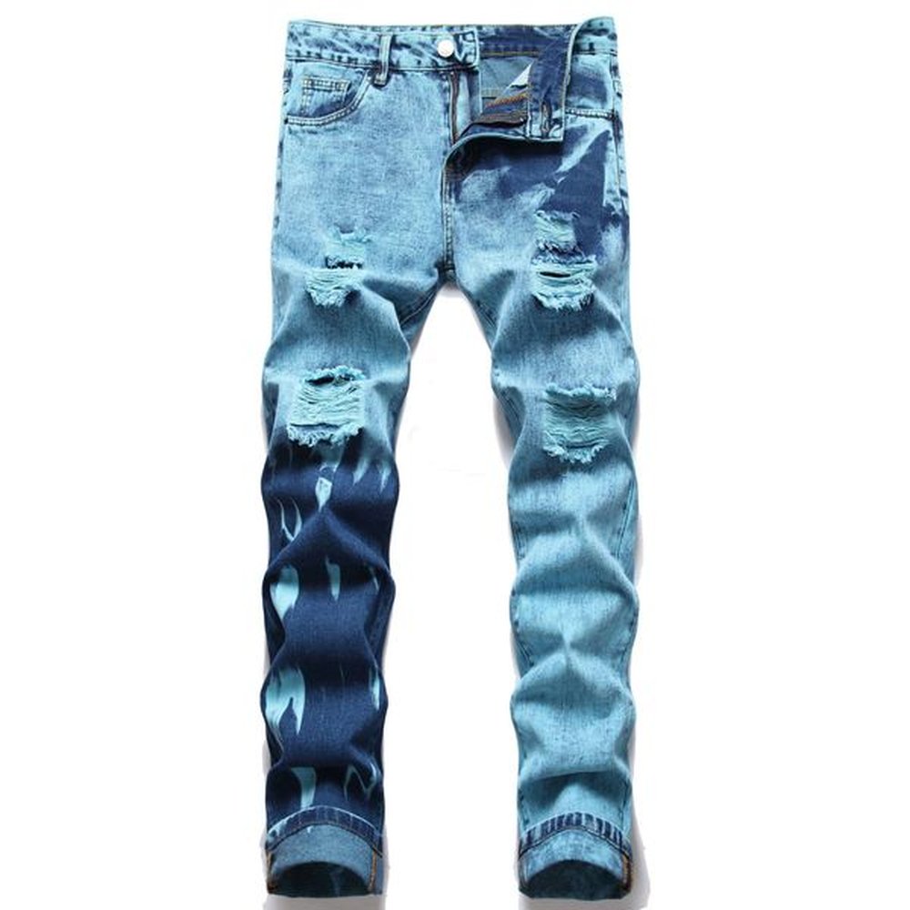 Men's Jeans Factory High Street Strong Stretchy Distressed Knee Ripped Denim Pants Skinny Stacked Fashion Casual