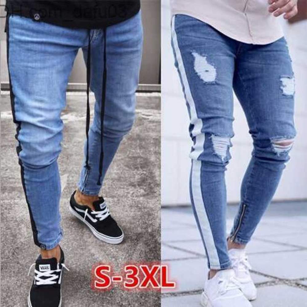 Men's Jeans Fashion-Ripped Jeans Leg Zipper Striped Biker Denim Pencil Pants Male Fit Long Trousers Pants Slim Distressed Streetwear Je