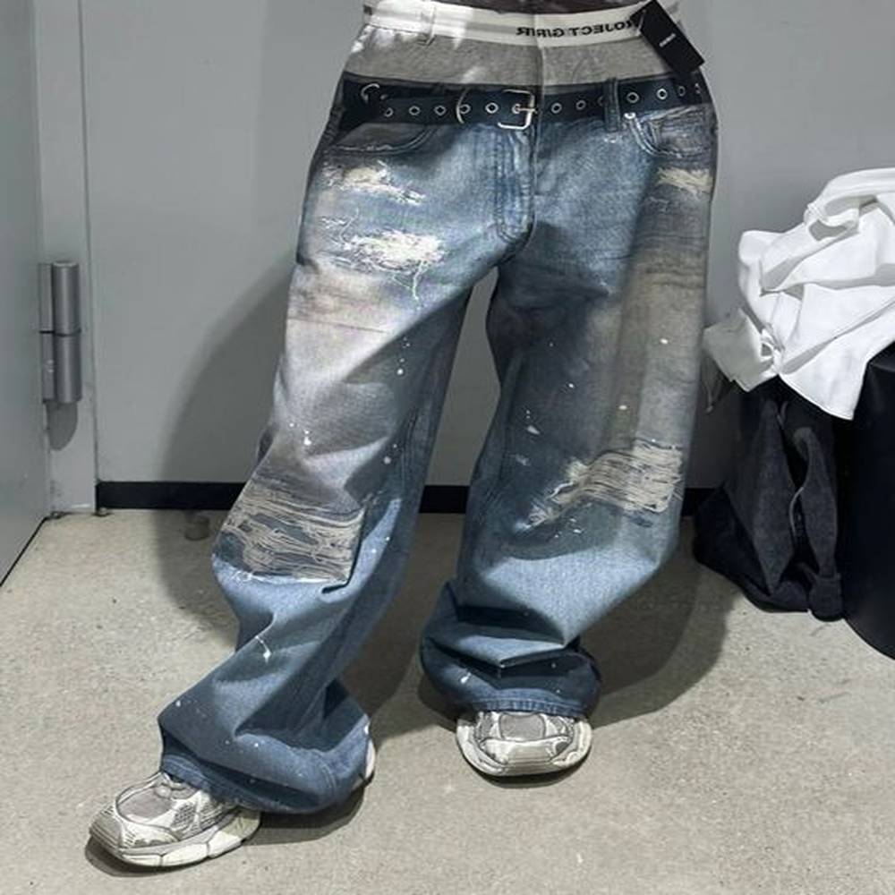 Men's Jeans Grailz Project Vibe underwear double waist 3D digital printing distressed distressed straight leg wide leg jeans