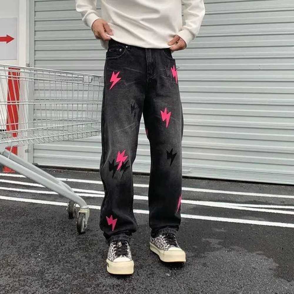 Men's Jeans High Street Leathes Patches Black Pants For Male Straight Leg Mid Waist Y2k Jeans Men J241219