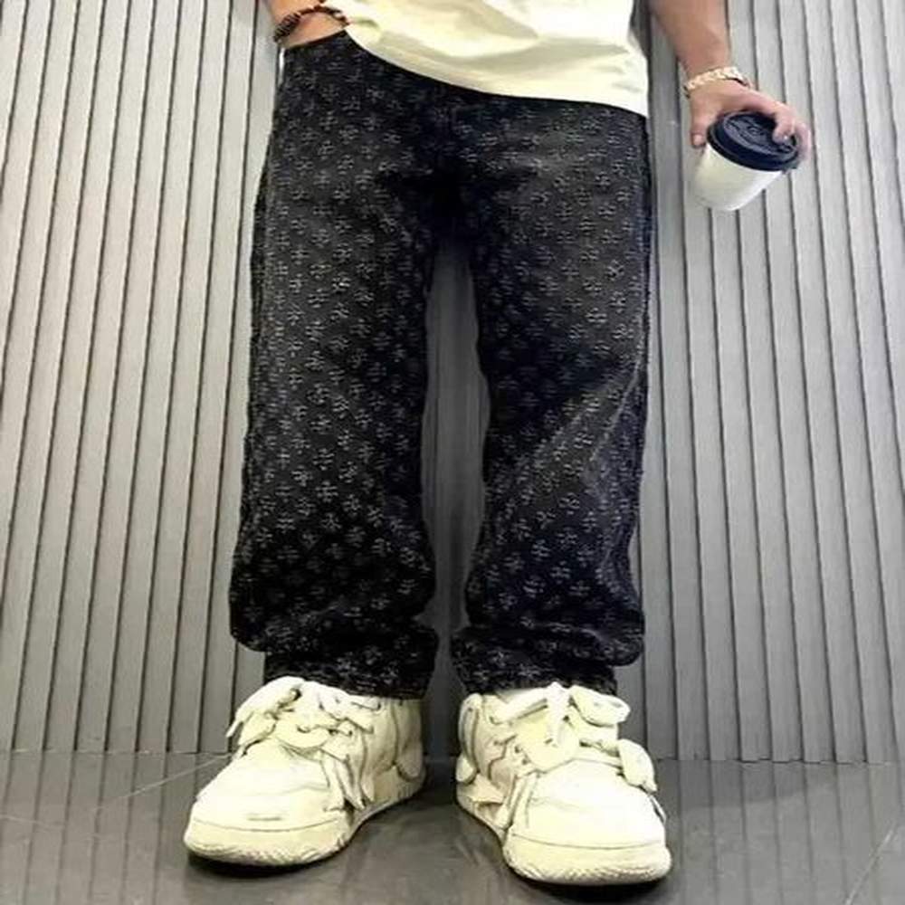 Men's Jeans Korean retro pants High Street Ins Trendy brand jacquard design jeans mens street Y2K loose wide leg hip-hop z250211