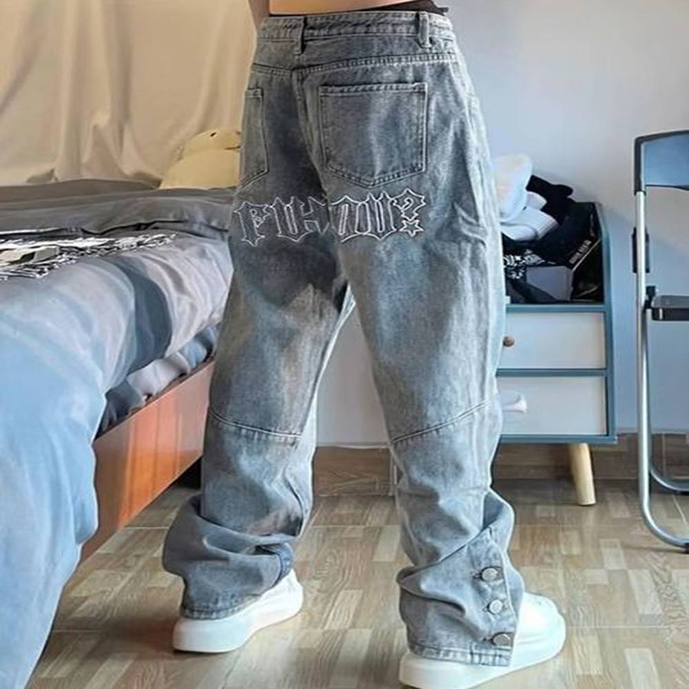 Men's Jeans Letter Embroidered Loose Fitting Jeans Men Street Wide Leg Casual Pants High Street Trendy Straight Pants Fitting Men'