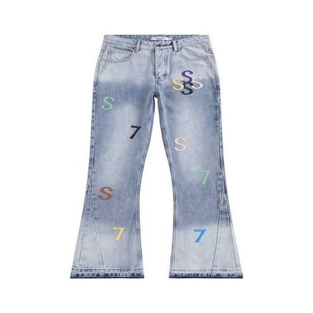 Men's Jeans Letters Patched Flared Pants For Men Opened Hem Long Length Denim Males New Stacked Jeans Y241224T79T