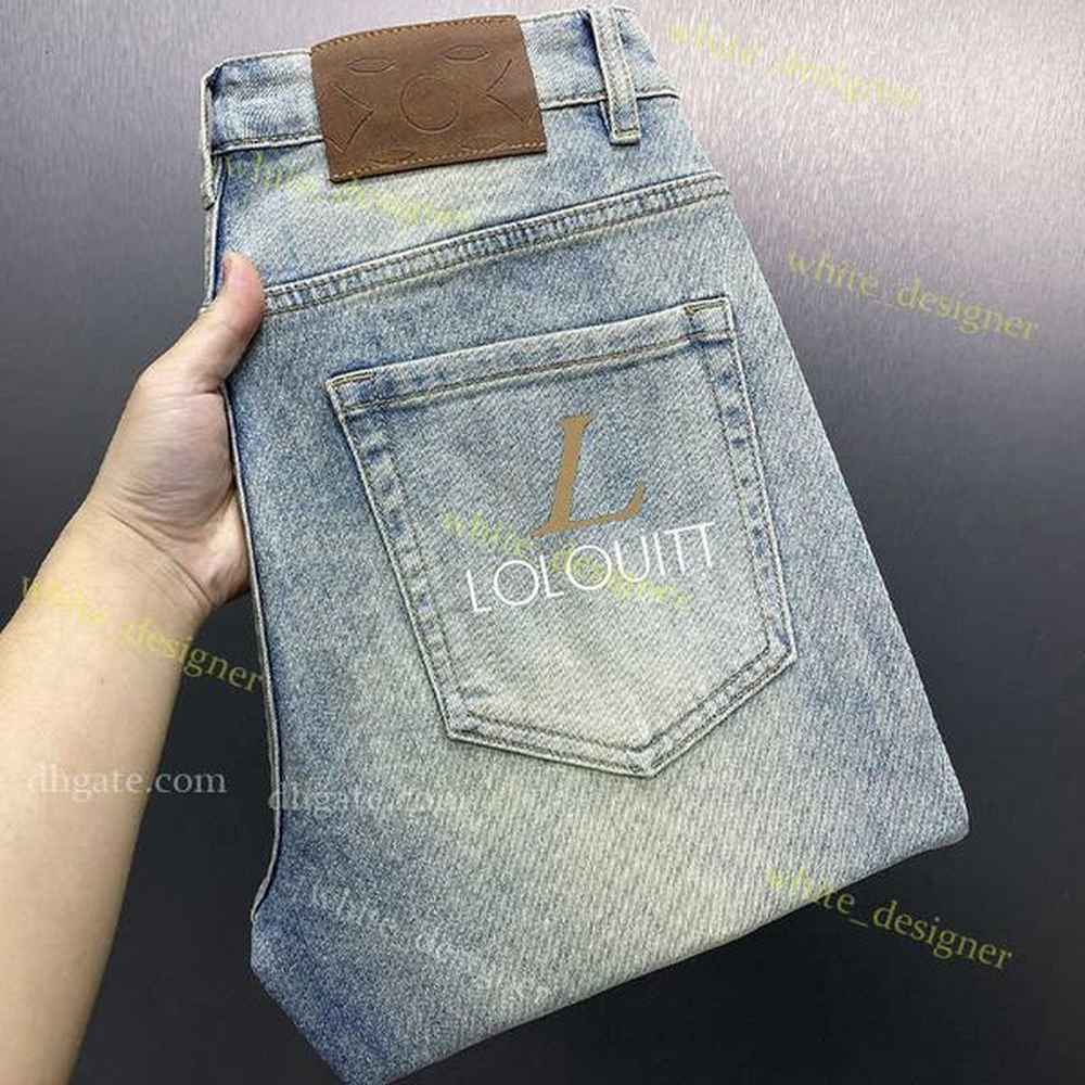 Men's Jeans luxury Light blue high-end mens jeans summer new elastic tube pants slim fit small straight casual versatile pants L502