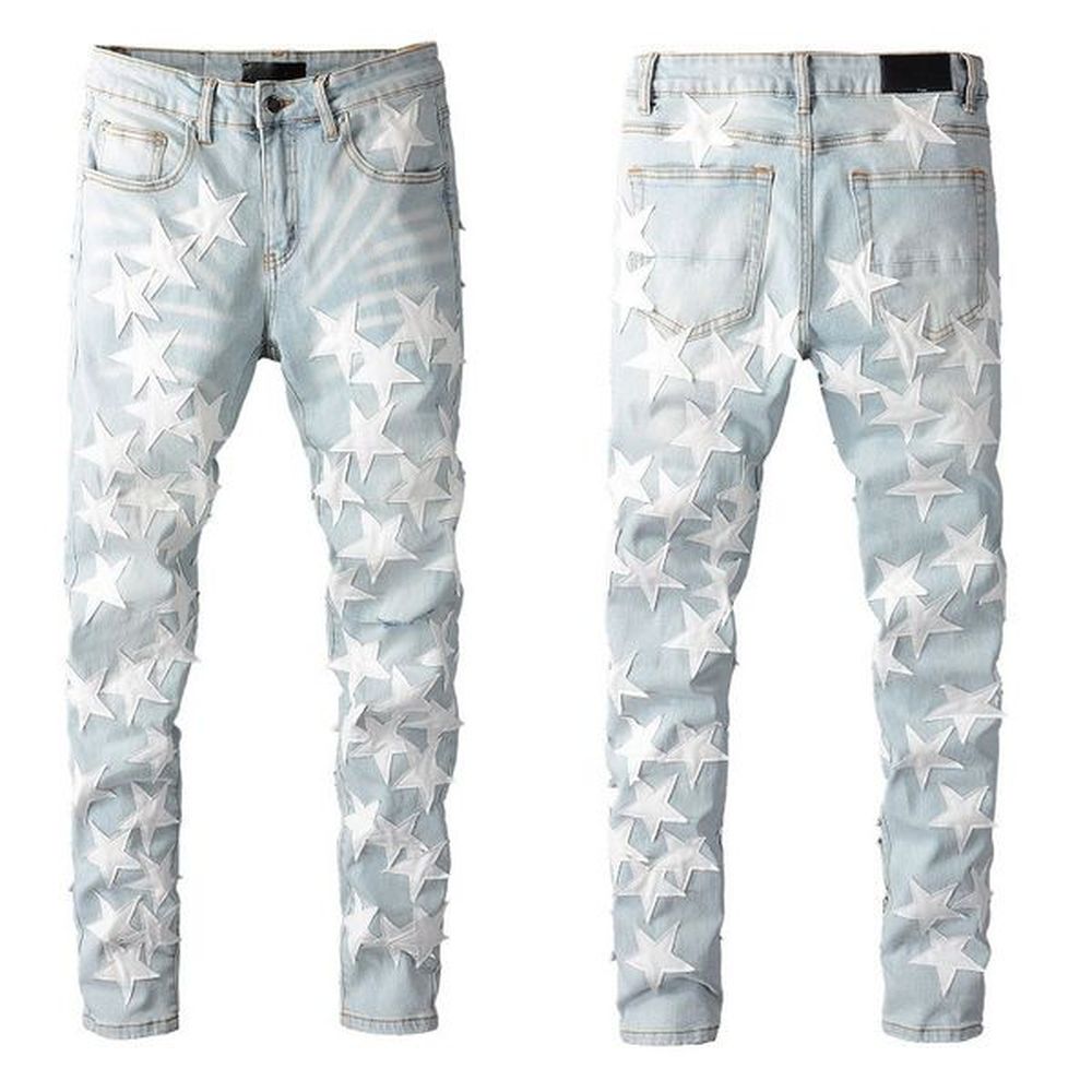 Men's Jeans 2021 Male Blue Trousers Holes Make Old High Street With Embroidered Bone Pacth Stretch Slim Denim Pants