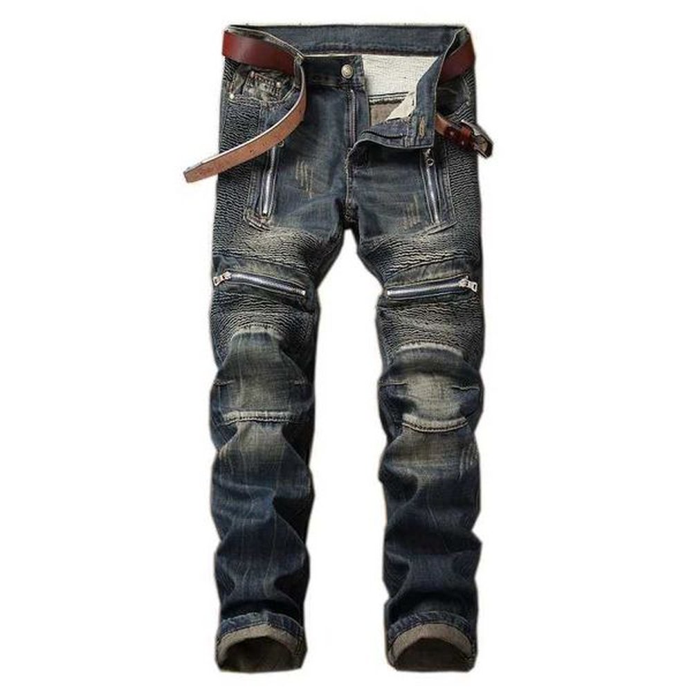 Men's Jeans Men Distressed Biker Jeans Straight Slim Jeans Streetwear Cotton Male Casual Zipper Motorcycle Denim trousers Plus Size 42