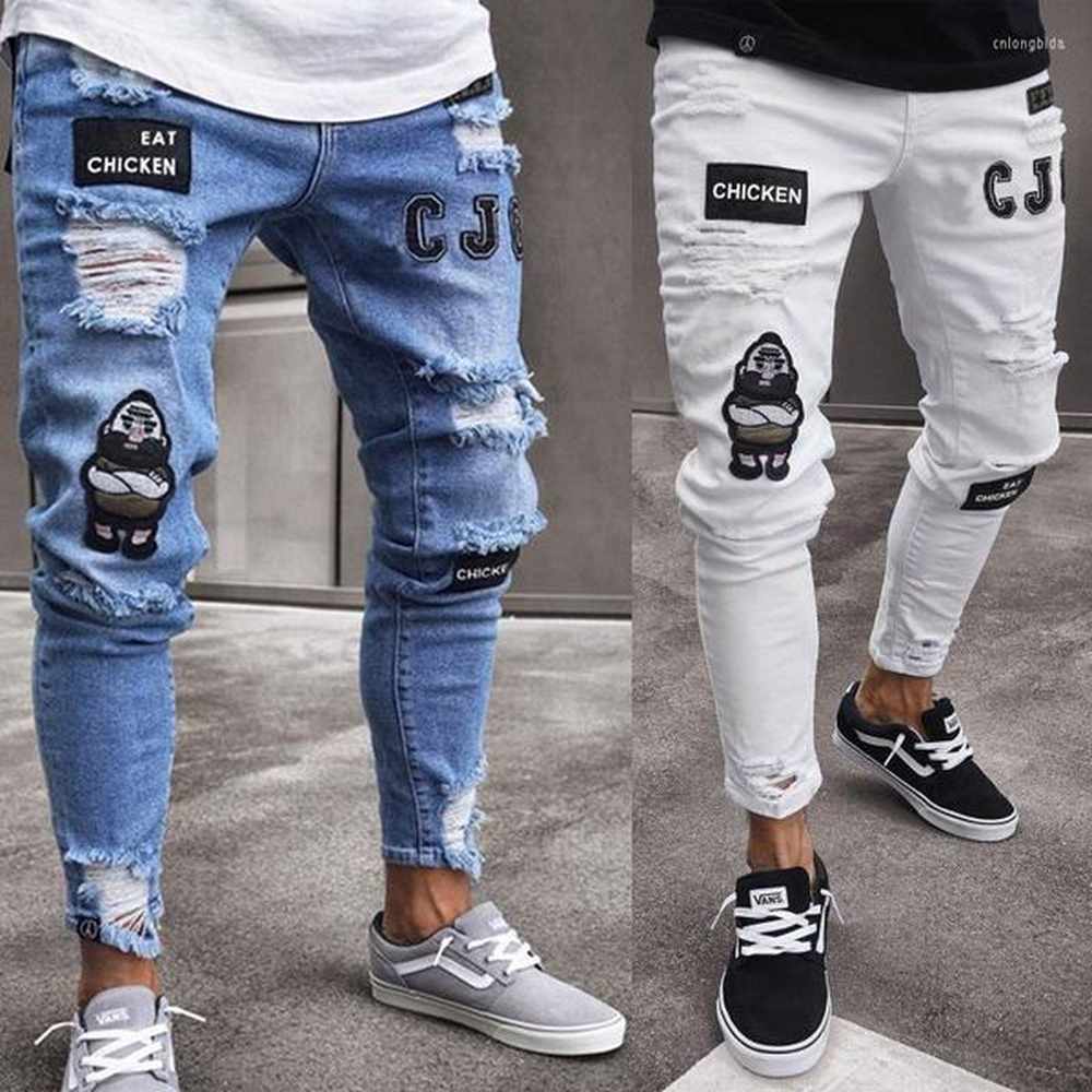 Mens Jeans Men Stretchy Ripped Skinny Biker Embroidery Print Destroyed Hole Taped Slim Fit Denim Scratched High Quality Jean