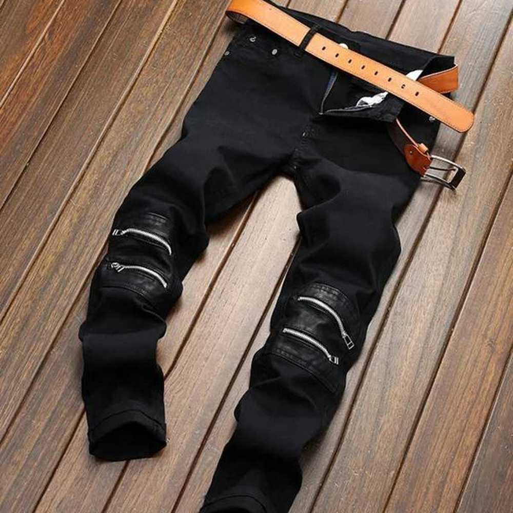 Men's Jeans Mens Brand Design Denim Jeans Kn Zipper Design Black Straight Plus Size Splicing Straight Brand Daily Jeans H25106