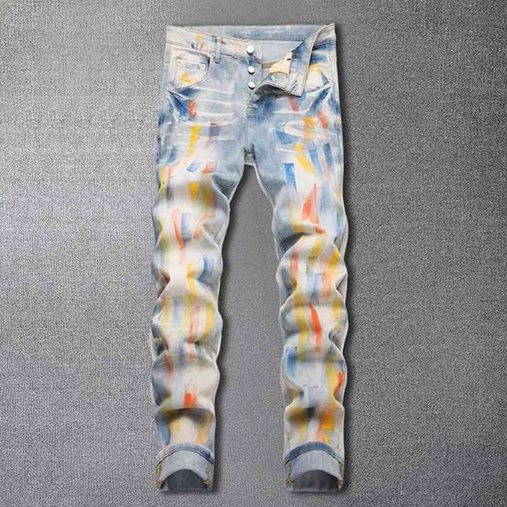 Men's Jeans Mens color spray painted printed jeans mens Strtwear ultra-thin pencil pants zipper elastic denim Trouser ultra-thin suitab