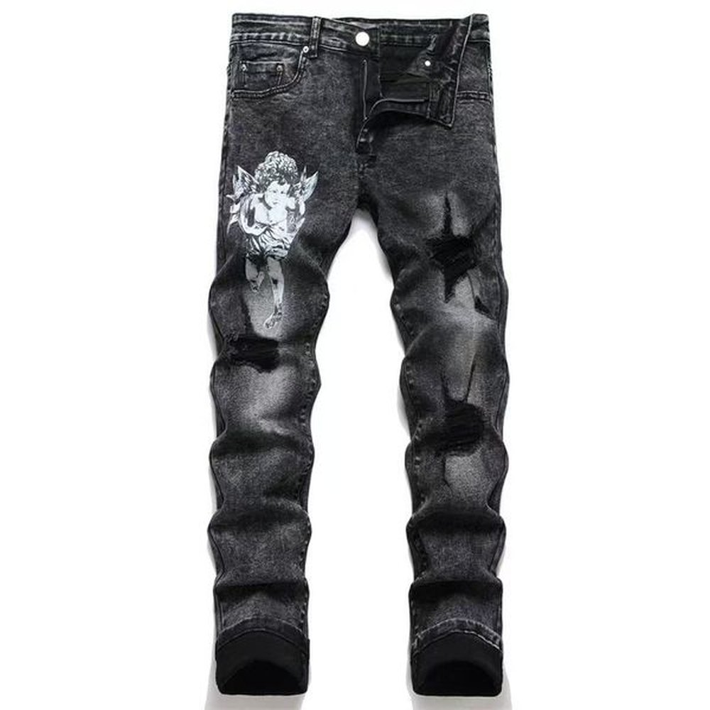 Mens jeans mens designer jeans for men with stars embroidery starts printed pencil pants cotton men designer jeans skinny ripped Motorcycle