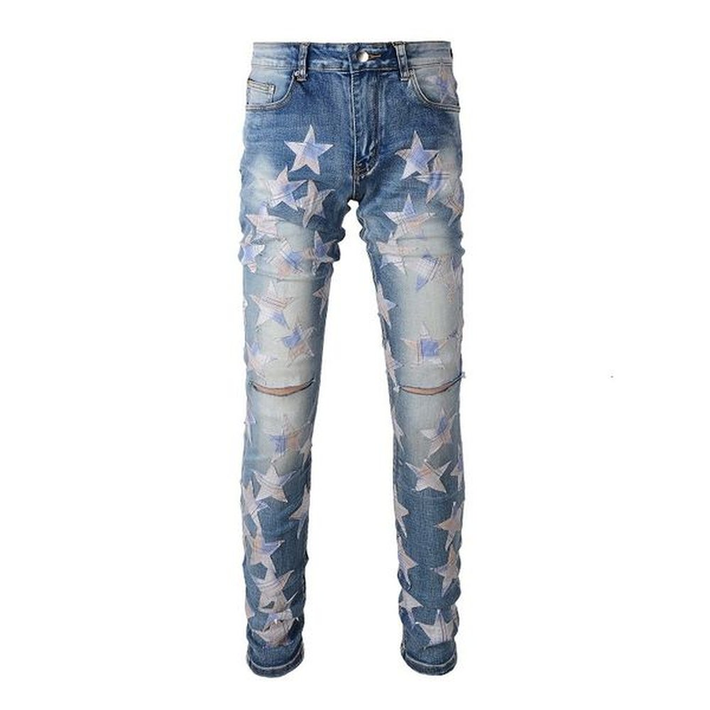 Men's Jeans Mens Jeans Light Blue Distressed Strtwear Stars Patches Slim Stretch Skinny High Strt Fashion Style Ripped 230330 H25206