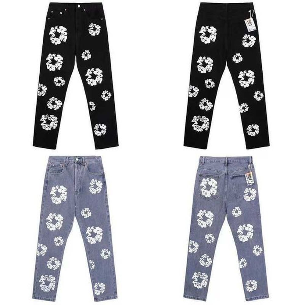 Men's Jeans Mens Jeans Mens Pants Jeans Flower Beading Strt Hip Hop Wreath Black Fashion Vintage Washed Straight Jean Stacked Jeans bik