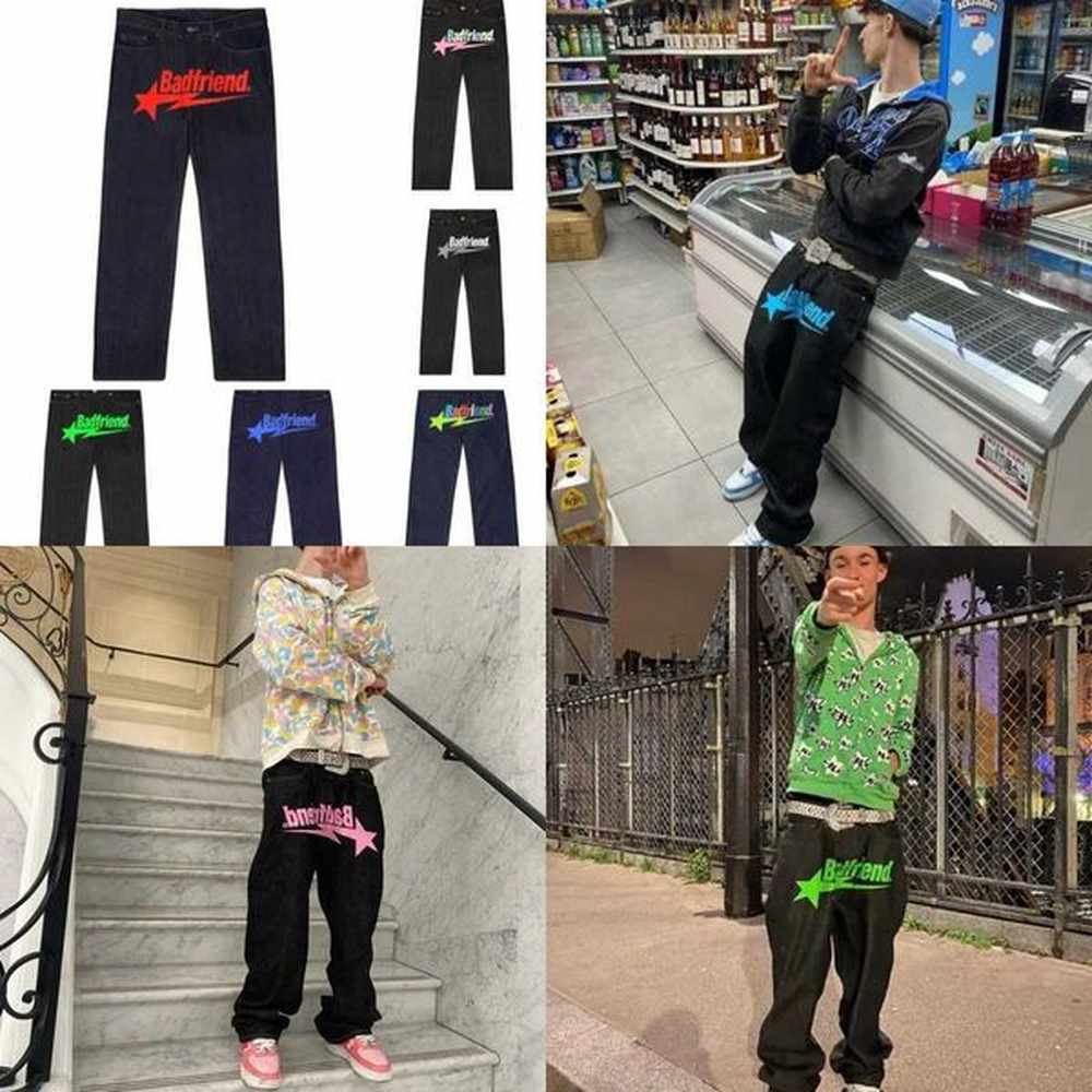Mens Jeans Mens Jeans Y2k Jeans Badfriend Hip Hop Letter Printed Black Pants Men Women Fashion Casual Rock Wide Foot Baggy Trouser Streetwea
