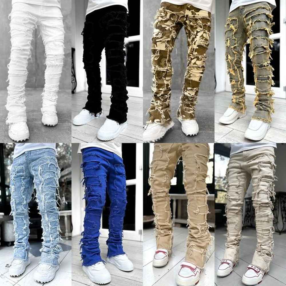 Men's Jeans 2024 men's Regular Fit Stacked Jeans Ripped Slim Fit Patch Distressed Destroyed Straight Denim Pants Hip Hop Streetwea