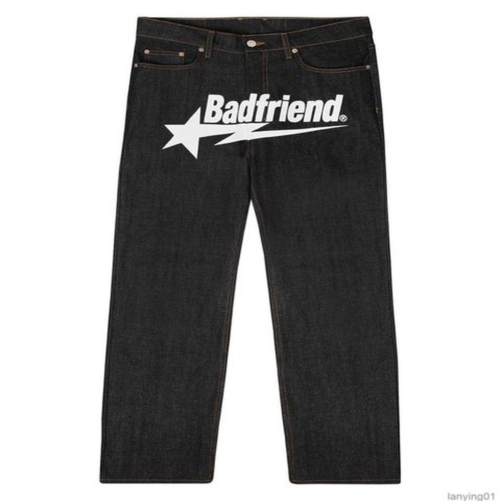 Men's Jeans Mens Y2k Hip Hop Badfriend Letter Printing Baggy Black Pants 2023 Harajuku Fashion Punk Rock Wide Foot Trousers Streetwear