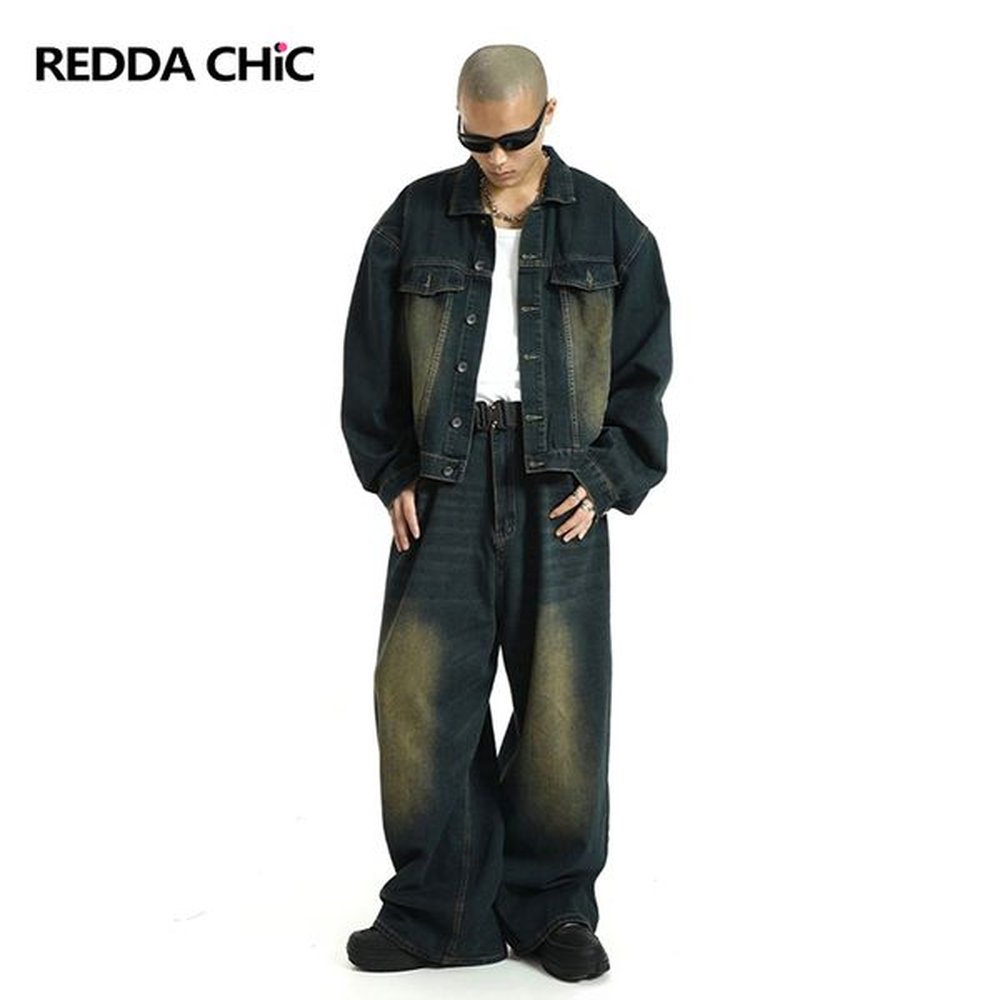 Men's Jeans REDDACHiC Blue Retro Skater Men Baggy Jeans Brushed High Waist Grunge Y2k Pants Wide Leg Loose Street Style Hip Hop Trouser