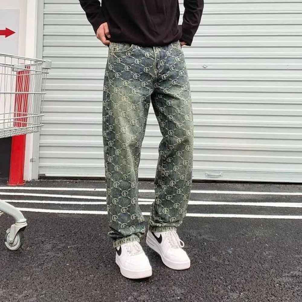 Men's Jeans Retro Blue Laser Jeans For Men Wide Leg Pattern Denim Bottoms Male Fashion Clothes J241219