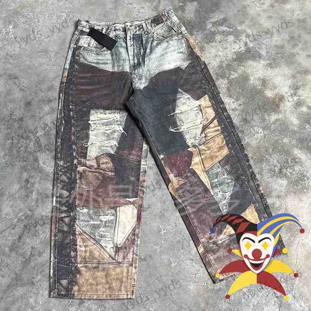 Men's Jeans Retro Camouflage Tie Dye Hole Patchwork CARGO Workwear Pants Men Women Multi Pocket Jogger Drawstring Sweatpants T240713