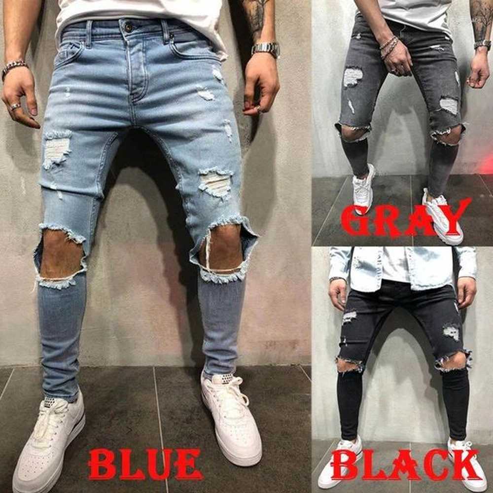 Mens Jeans Ripped For Men Fashion Casual Slim Denim Pencil Pants Hi-Street Distressed Joggers Knee Holes Washed Jean Trousers